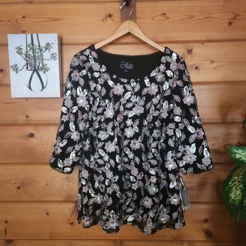 Alex Evenings NWT Black Floral Sequin Embroidered Blouse Formal Top Plus Size 1X